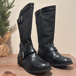 Black zip up boots with buckle accessory on top, size 4 girls